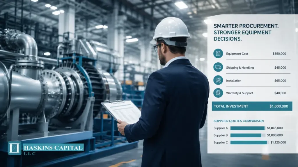 Industrial procurement professional reviewing capital equipment specifications and cost analysis in a manufacturing facility for Haskins Capital